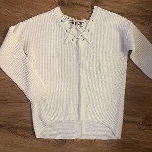 Love By Design Ivory Knit Fashion Double V-Neck Sweater Shirt Top Cute Tie